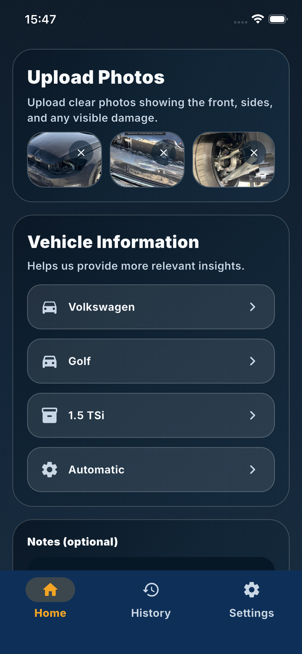 Inspectrai upload flow with damage photos and vehicle information