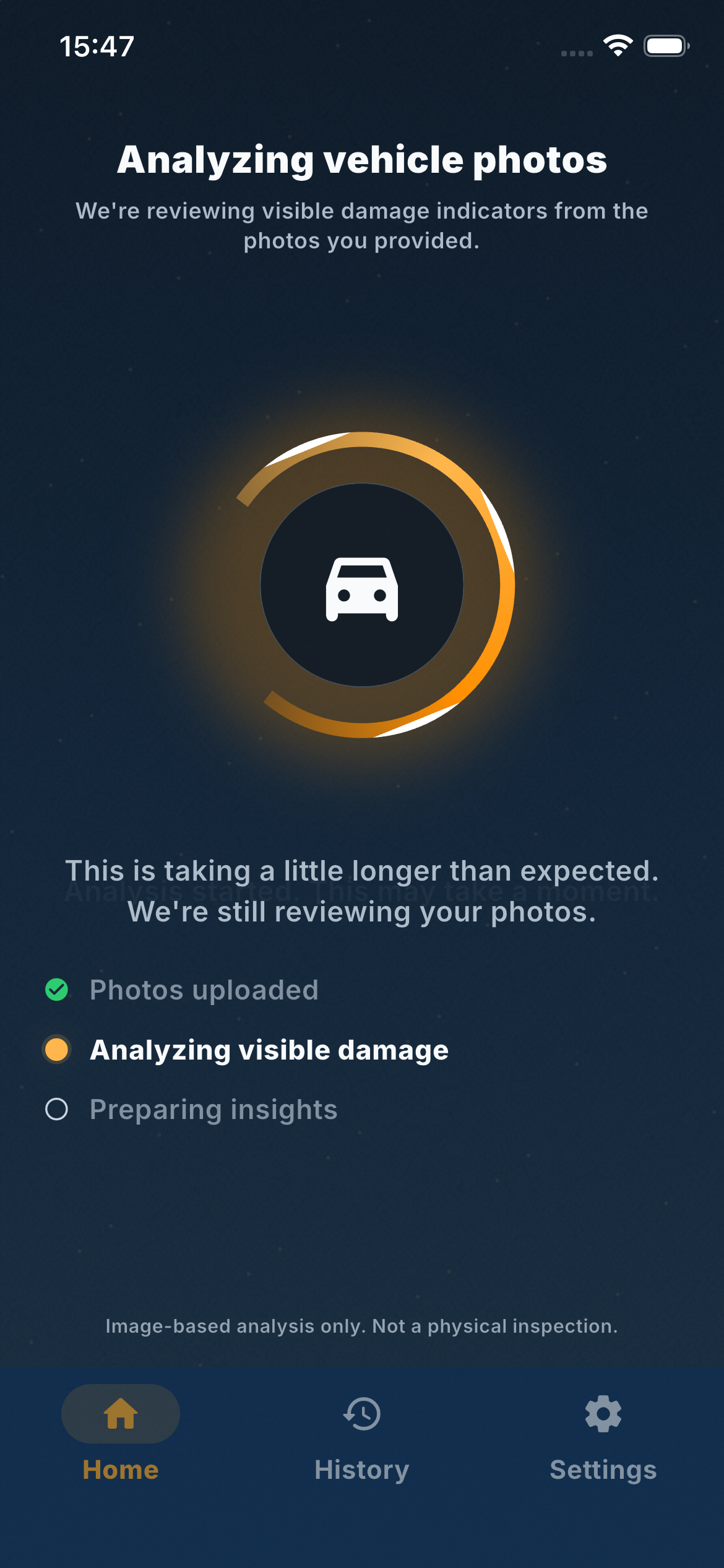 Inspectrai damage result overview with detected parts and severity rings